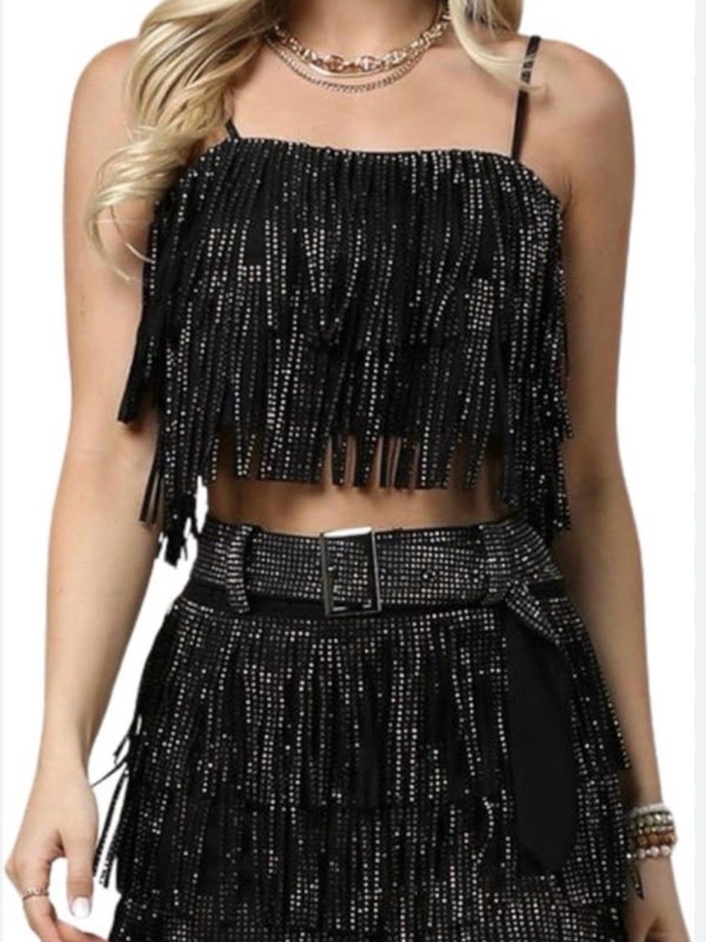 Black Rhinestone Fringe Crop Top & Skirt Set